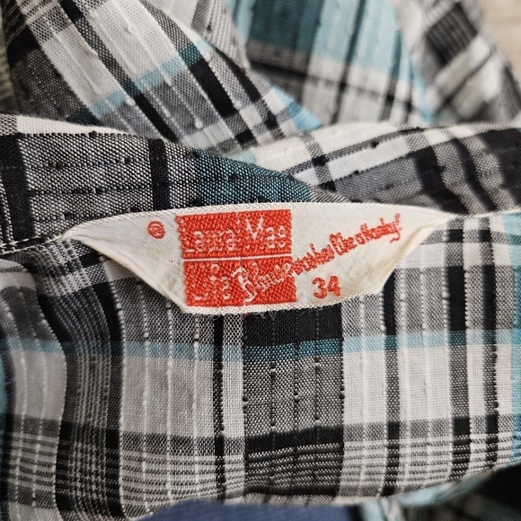 Vintage 1960s Seersucker Blouse Swiss Dot Sheer Blue Teal Black Rockabilly - Picture 10 of 11